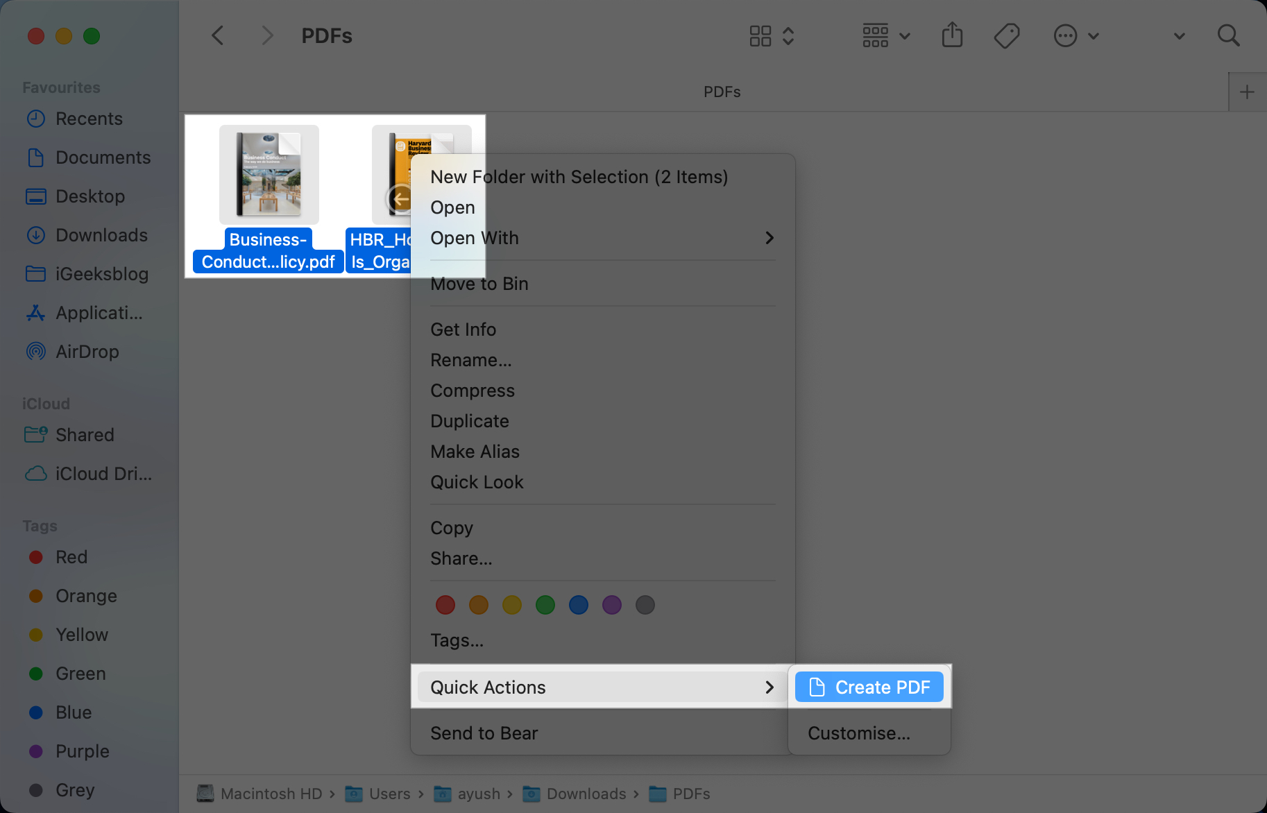 Select PDF files right click tap Quick Actions select Create PDF to combine a PDF using Finder on Mac
