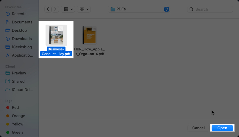 Select PDF in Preview app on Mac, select Open