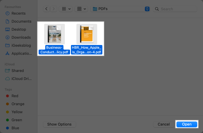 Select PDFs tap Open