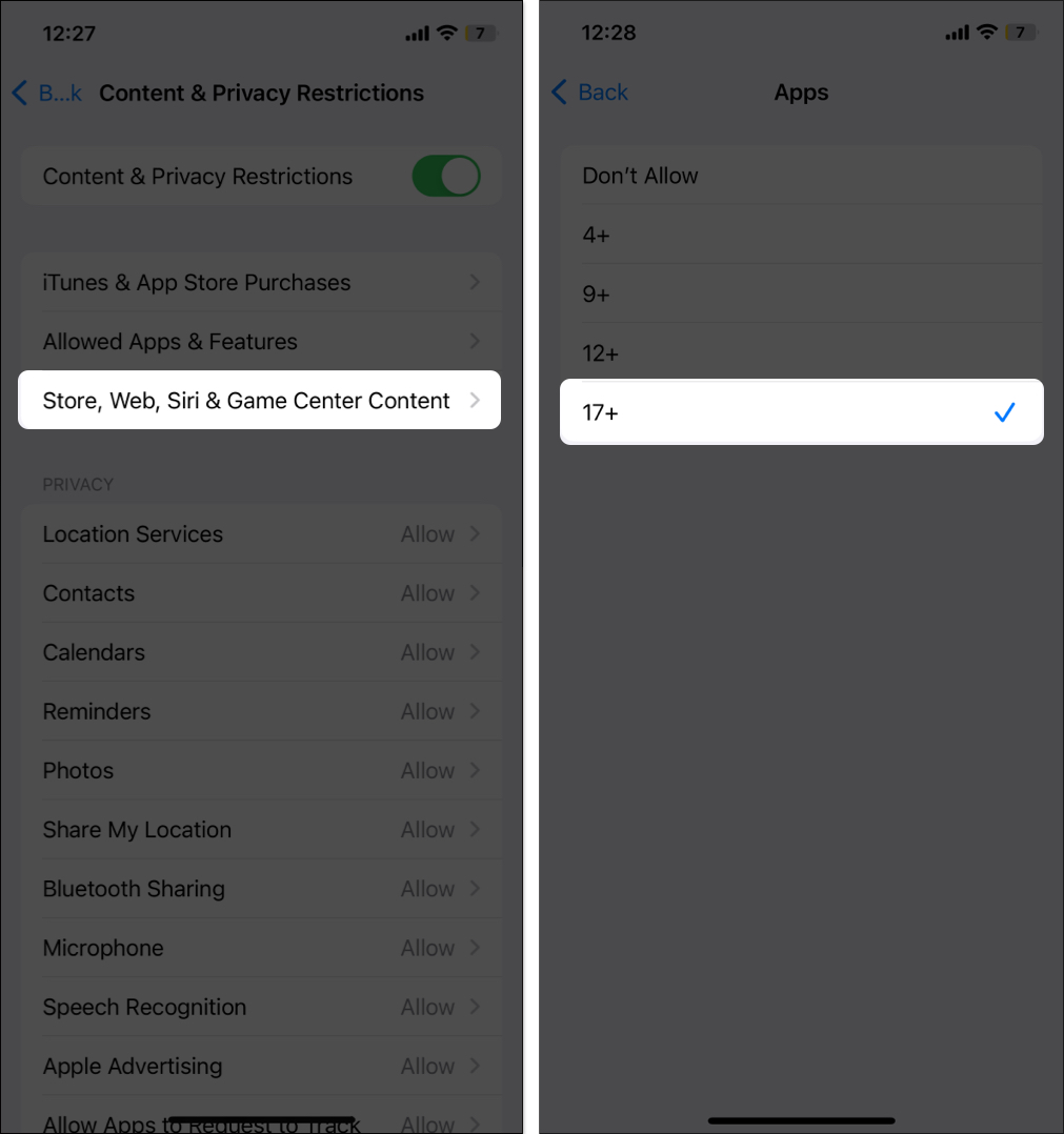 Select Store, Web, Siri & Game Center Content and select age range