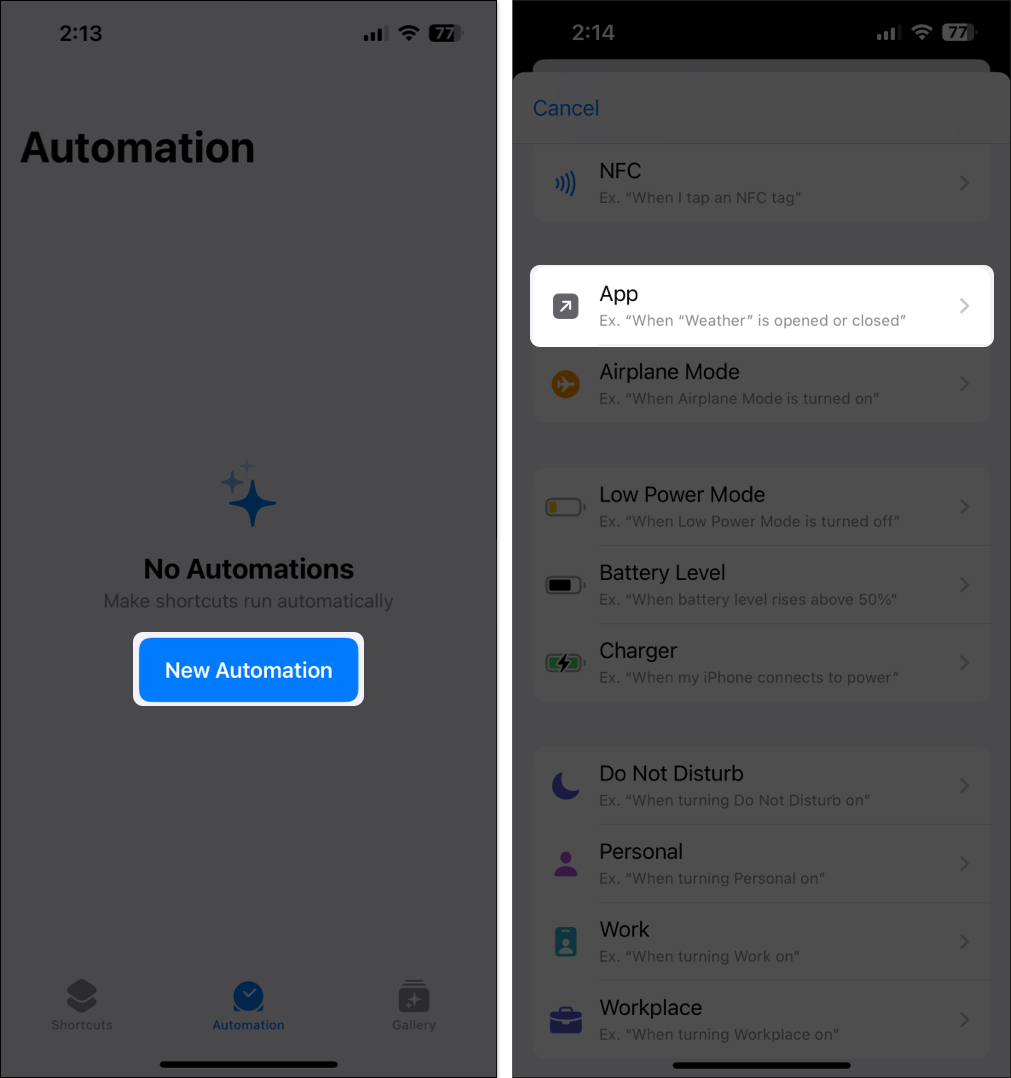 Select new automation ,tap Apps