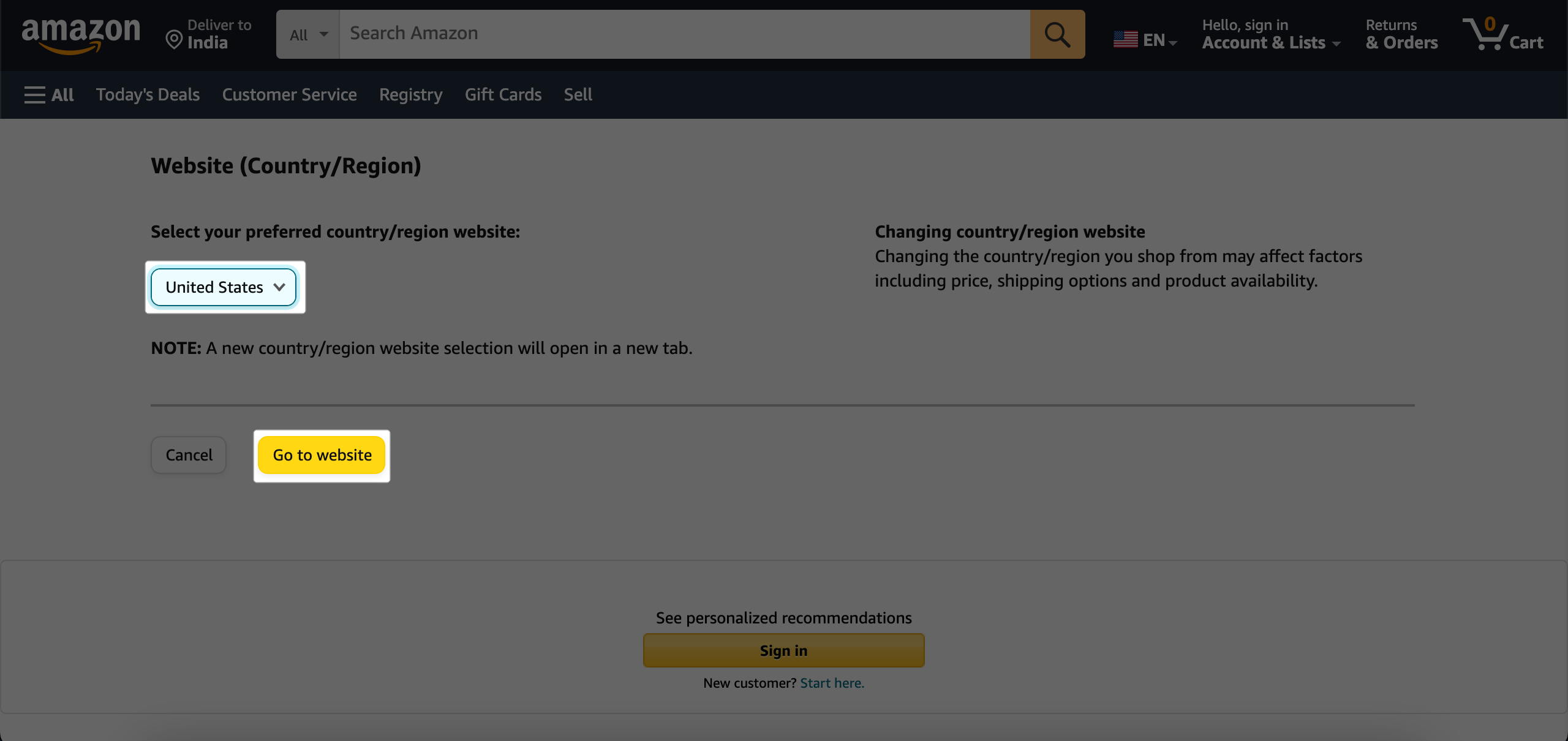 Select new country from drop down list then select Go to website to change amazon country