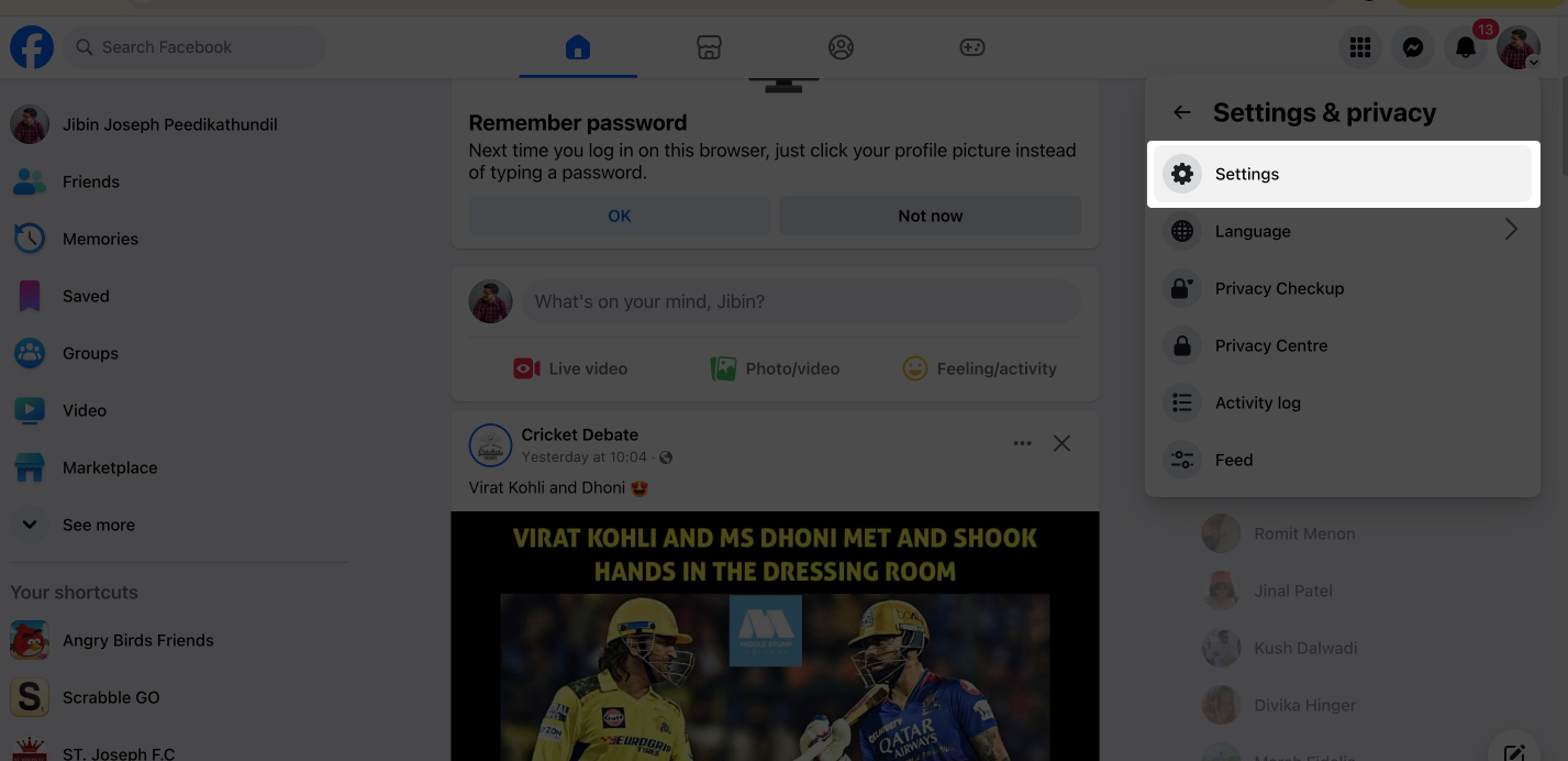 Settings option in Facebook on web