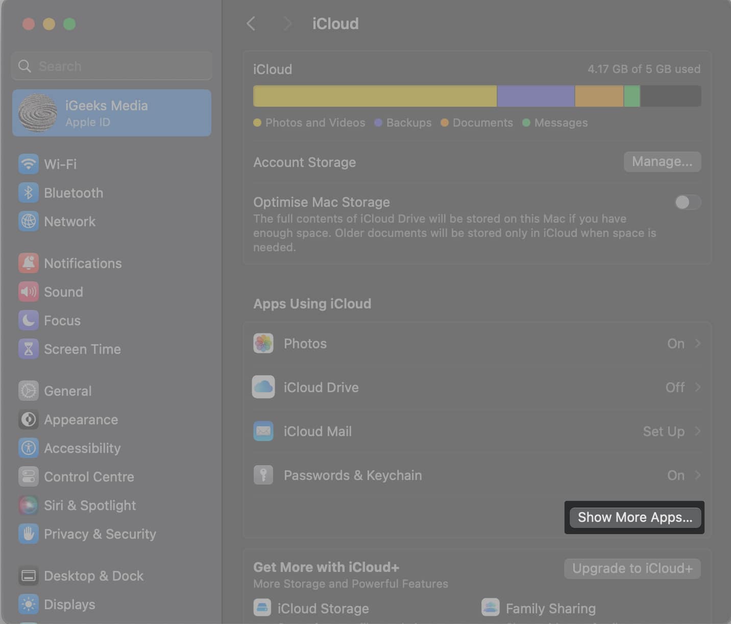 Show More Apps under Apps Using iCloud