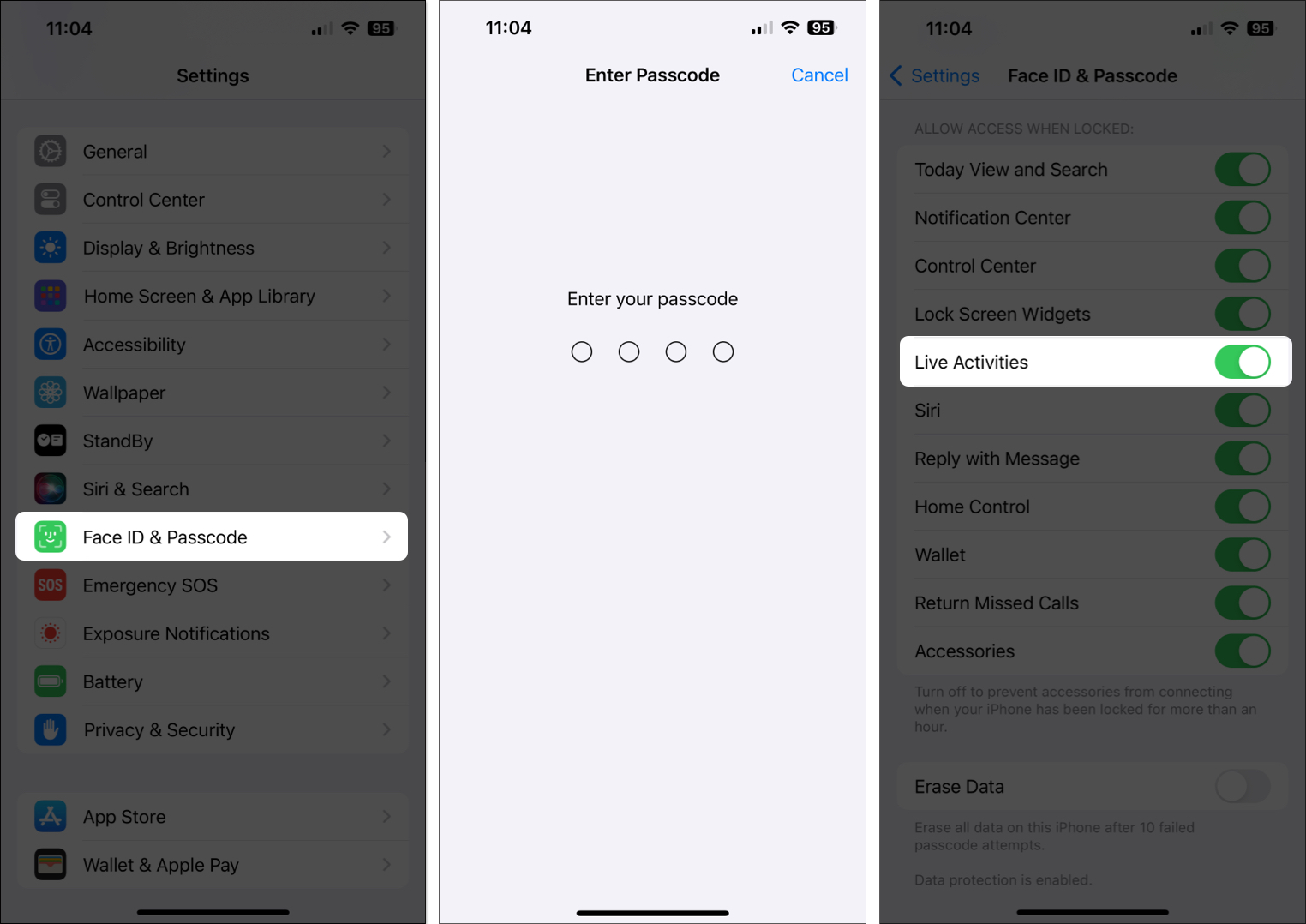 Tap Face ID and Passcode, enter passcode, toggle on Live Activities