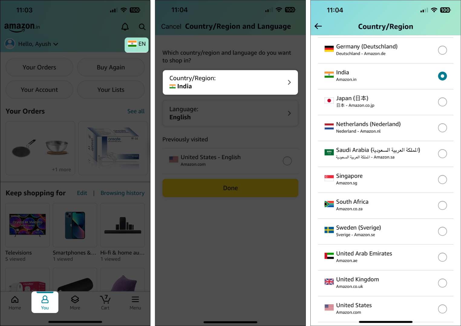 Tap You tab, select Flag icon, tap Country Region to change country in Amazon app on iPhone