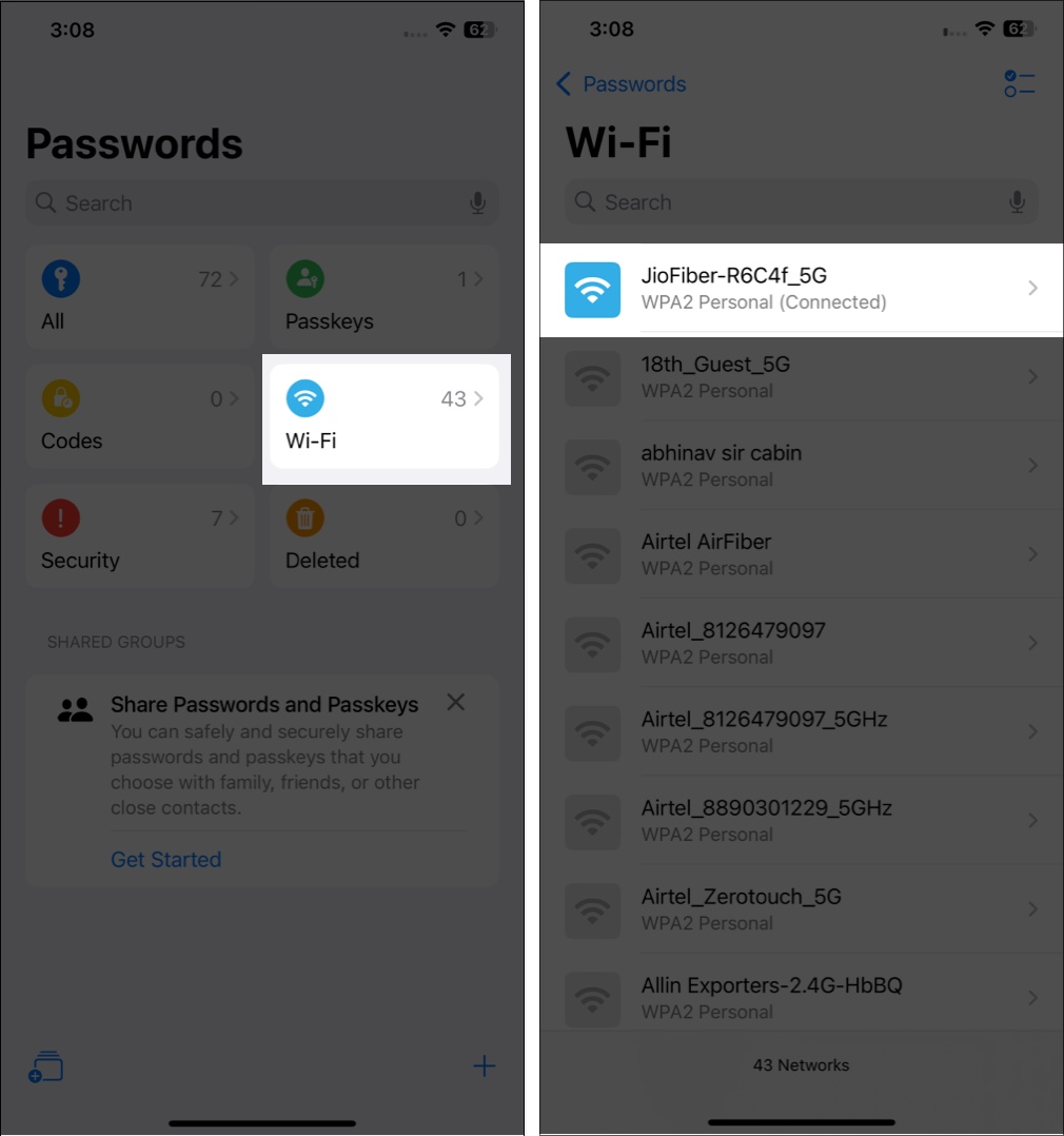 Tap on WiFi network in Passwords app