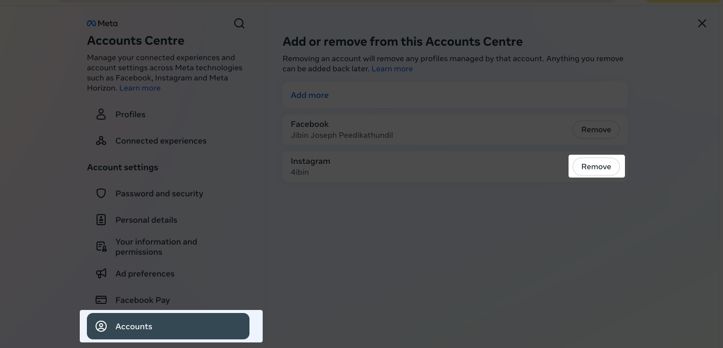 Unlink desired account from Facebook on Web