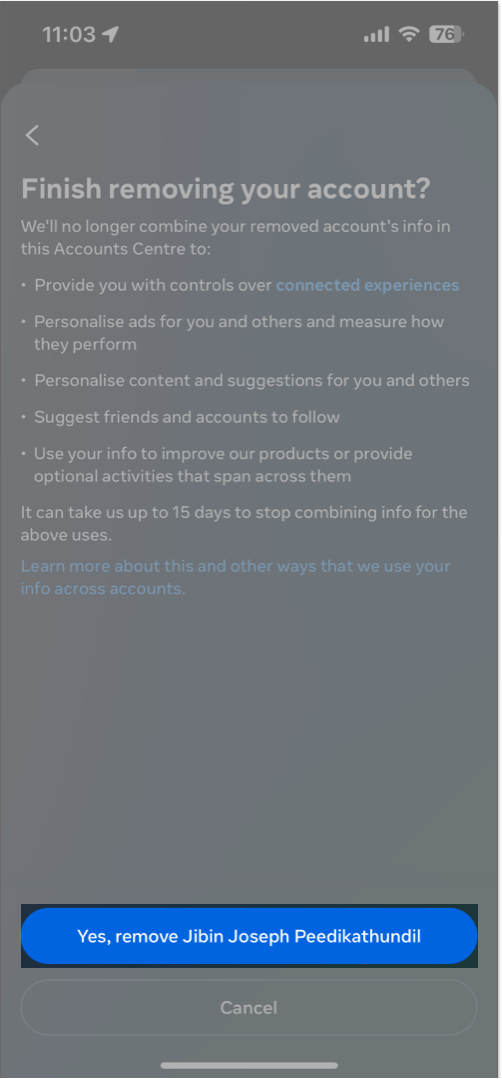 Yes to remove account Facebook account from Instagram