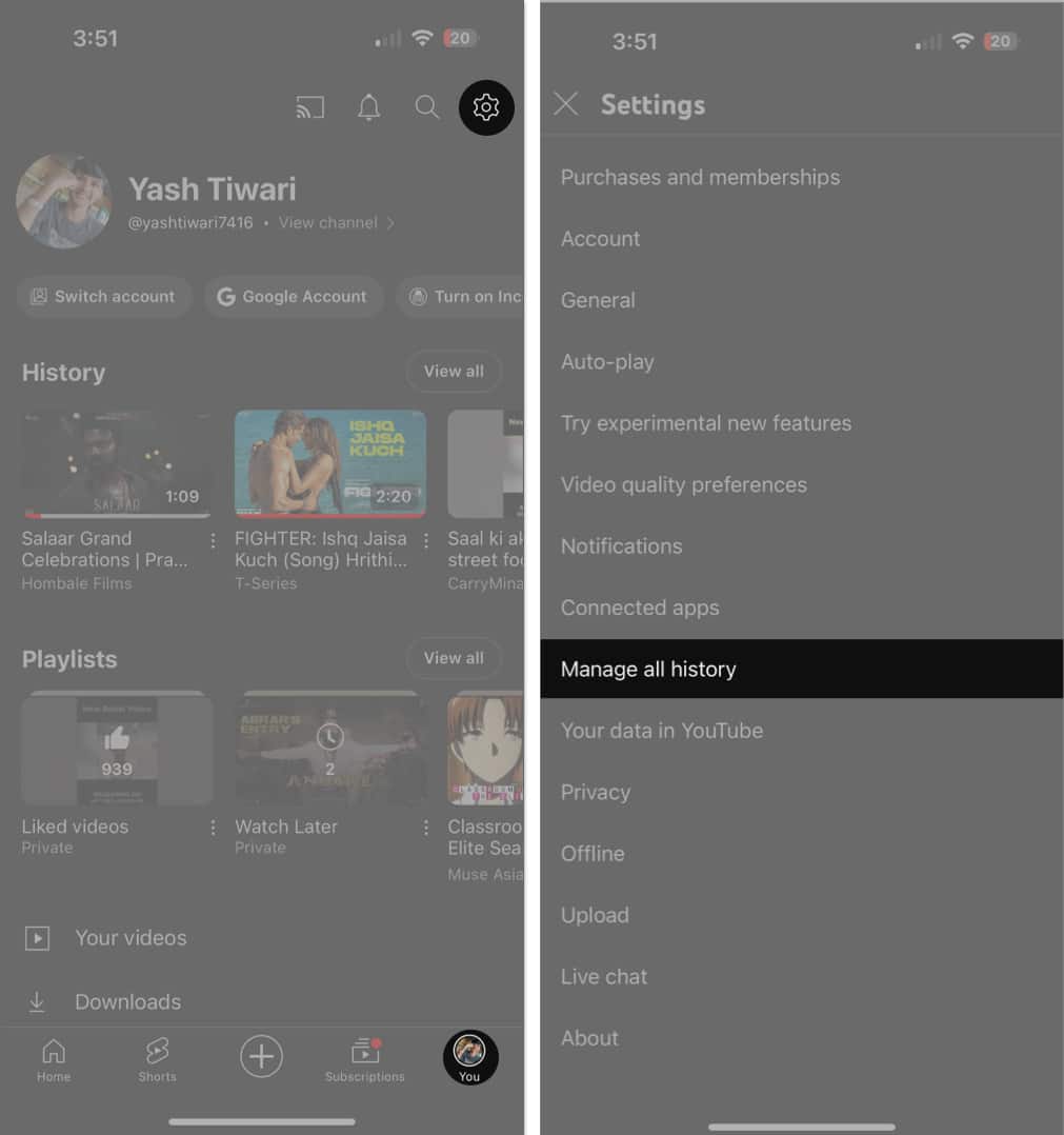 YouTube profile Settings Manage all history