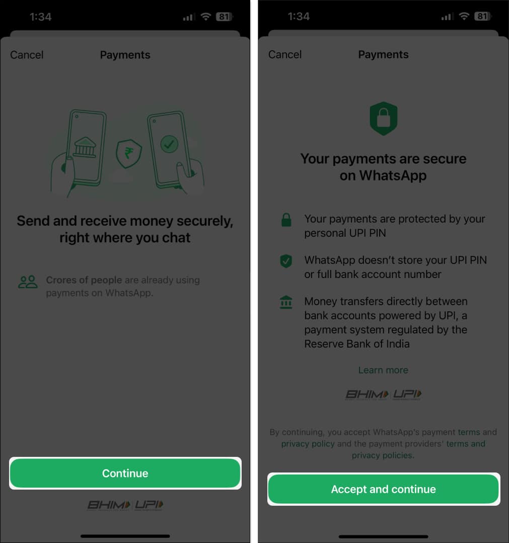 Accepting terms and condition to set up WhatsApp Payments.