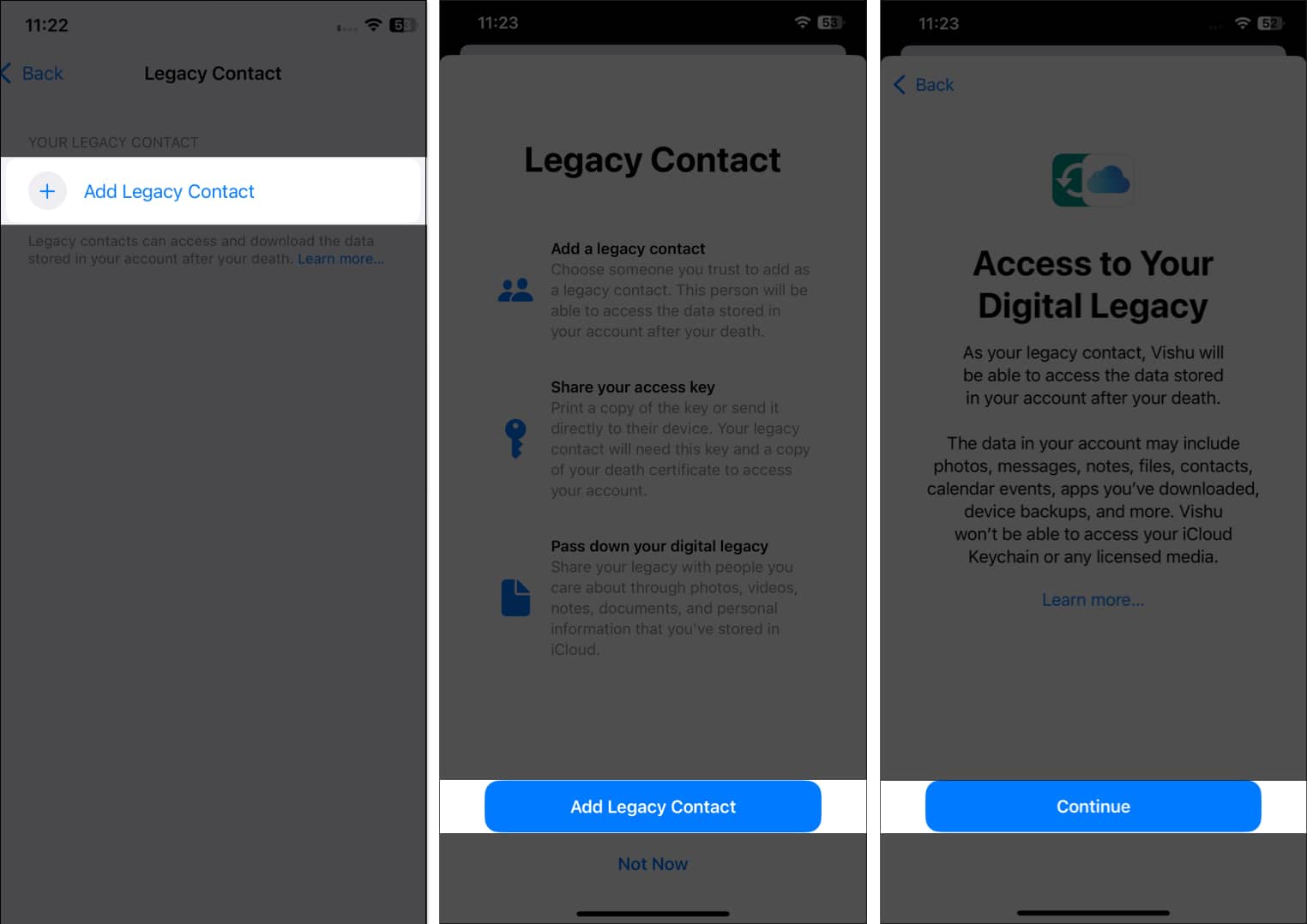 Add Legacy Contact button in the iPhone Settings app to set up a Legacy Contact.