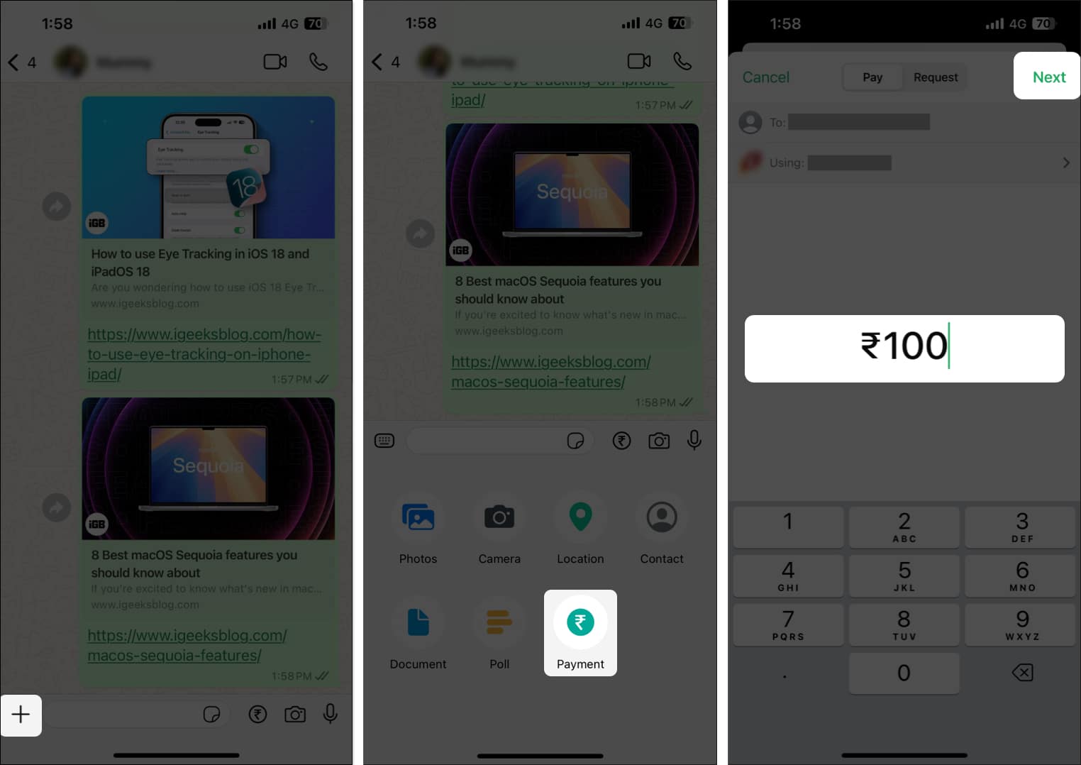 Adding an amount to send in WhatsApp Payments on iPhone.