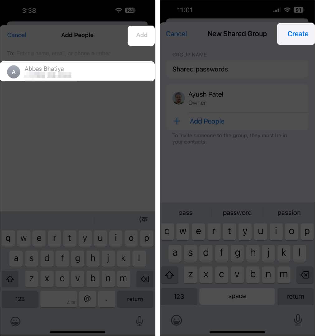 Add people, tap Create to create new shared group in Passwords app on iPhone, iPad