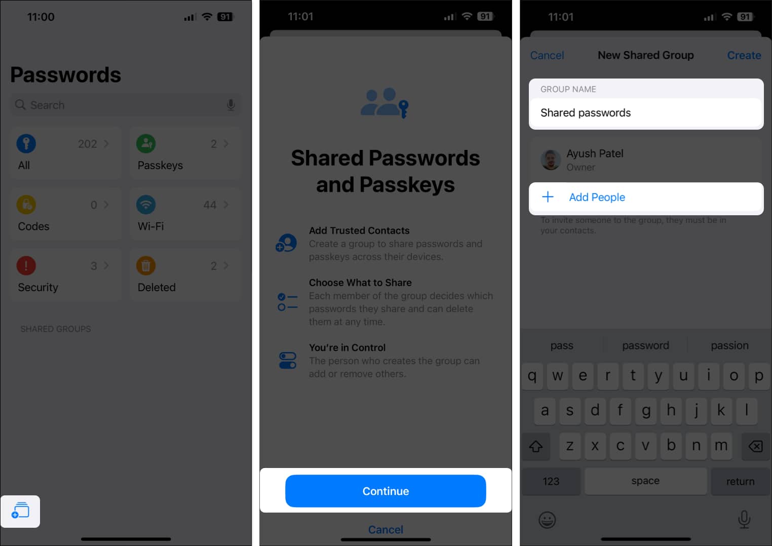 Add people to shared group in Passwords app on iPhone, iPad