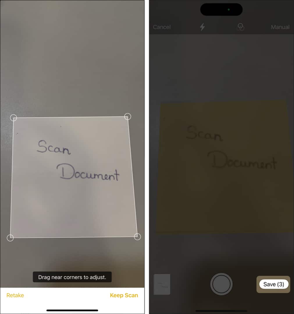 Adjust scanned document then Save to Notes app on iPhone