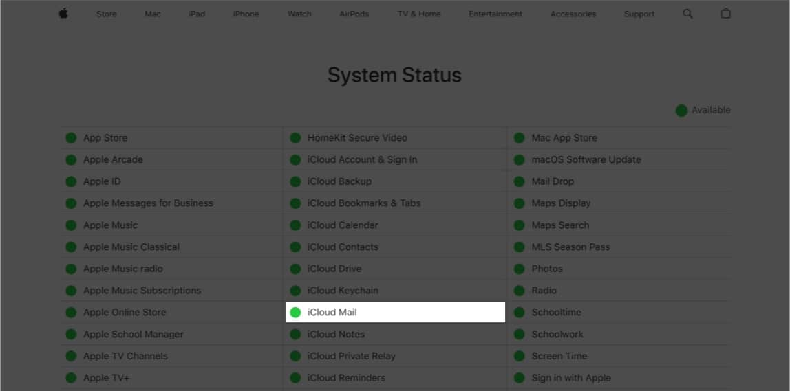 Check iCloud mail System Status