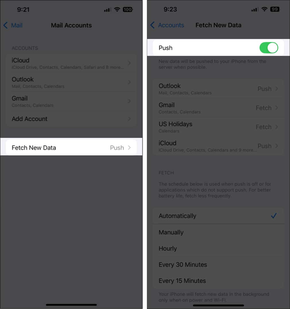 Check mail fetch settings on iPhone