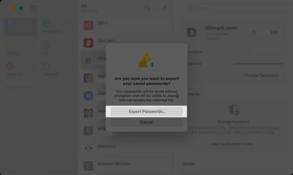 Click Export Passwords on Mac