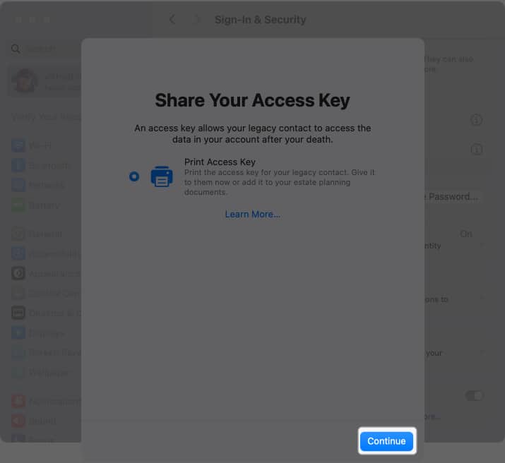 Continuing to share Legacy Contact access key on a Mac.