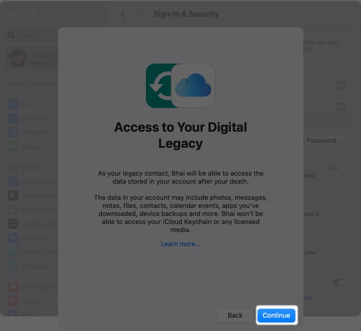 Access to Your Digital Legacy overlay showing you'll share with your chosen Legacy Contact.