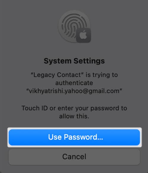 Legacy Contact feature on a Mac asking to authenticate using password or FaceID.