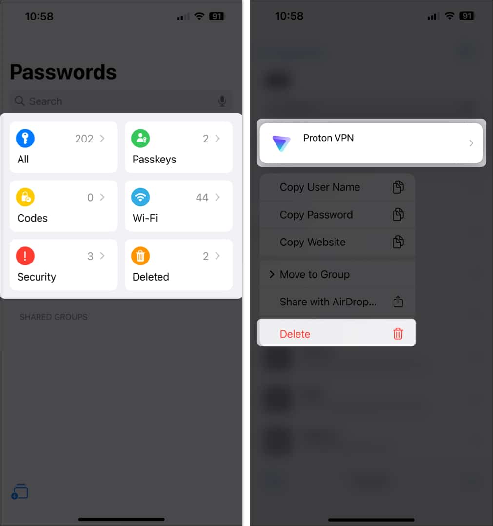 Delete single password in passwords app on iPhone