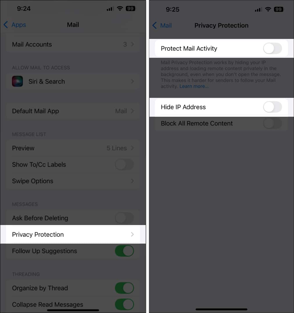Disable Mail Privacy Protection on iPhone