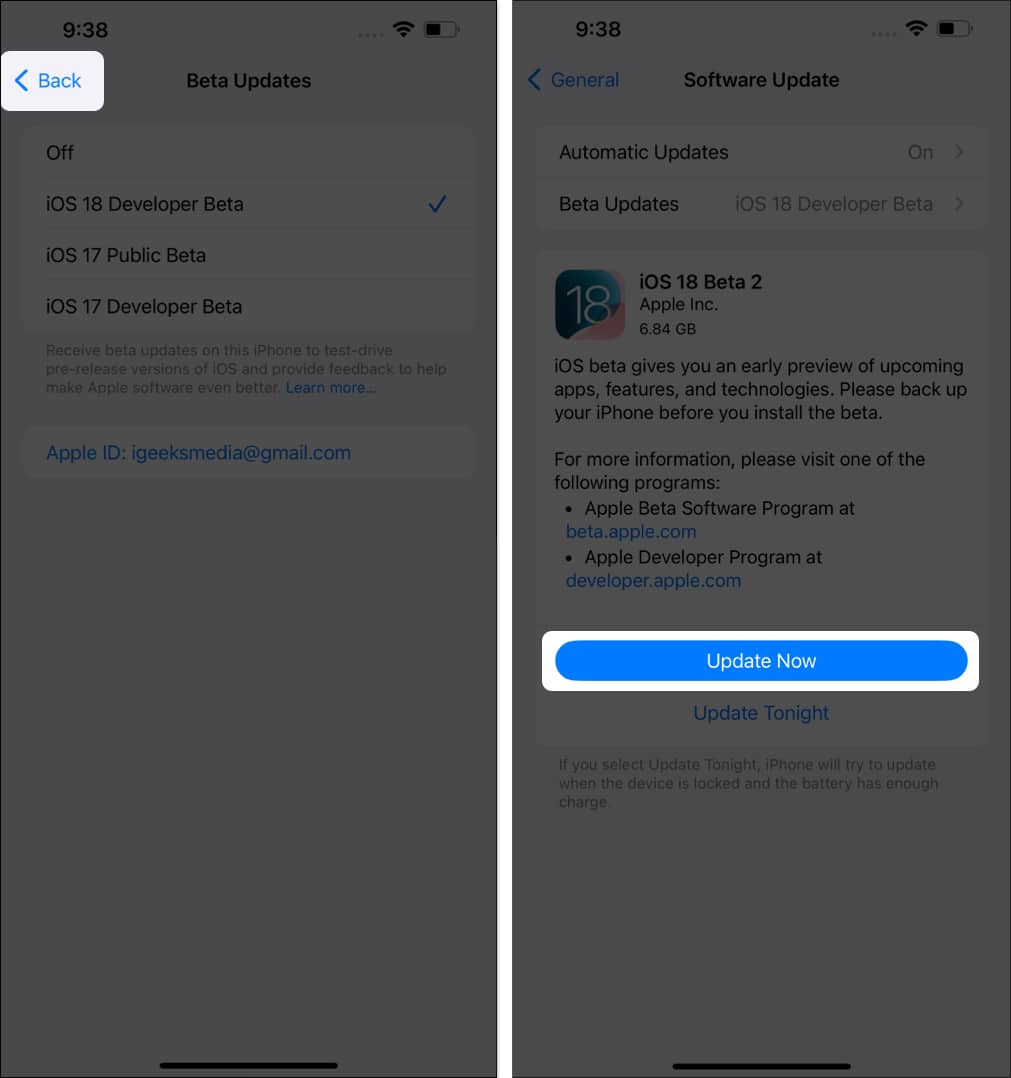 Update Now button in iPhone Settings page