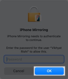 Entering Mac password to start mirroring an iPhone on a Mac.