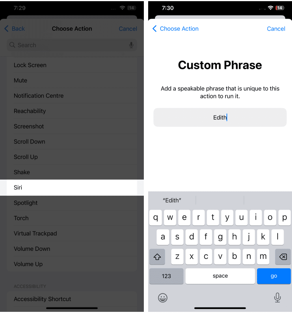 Enter custom phrase to rename Siri
