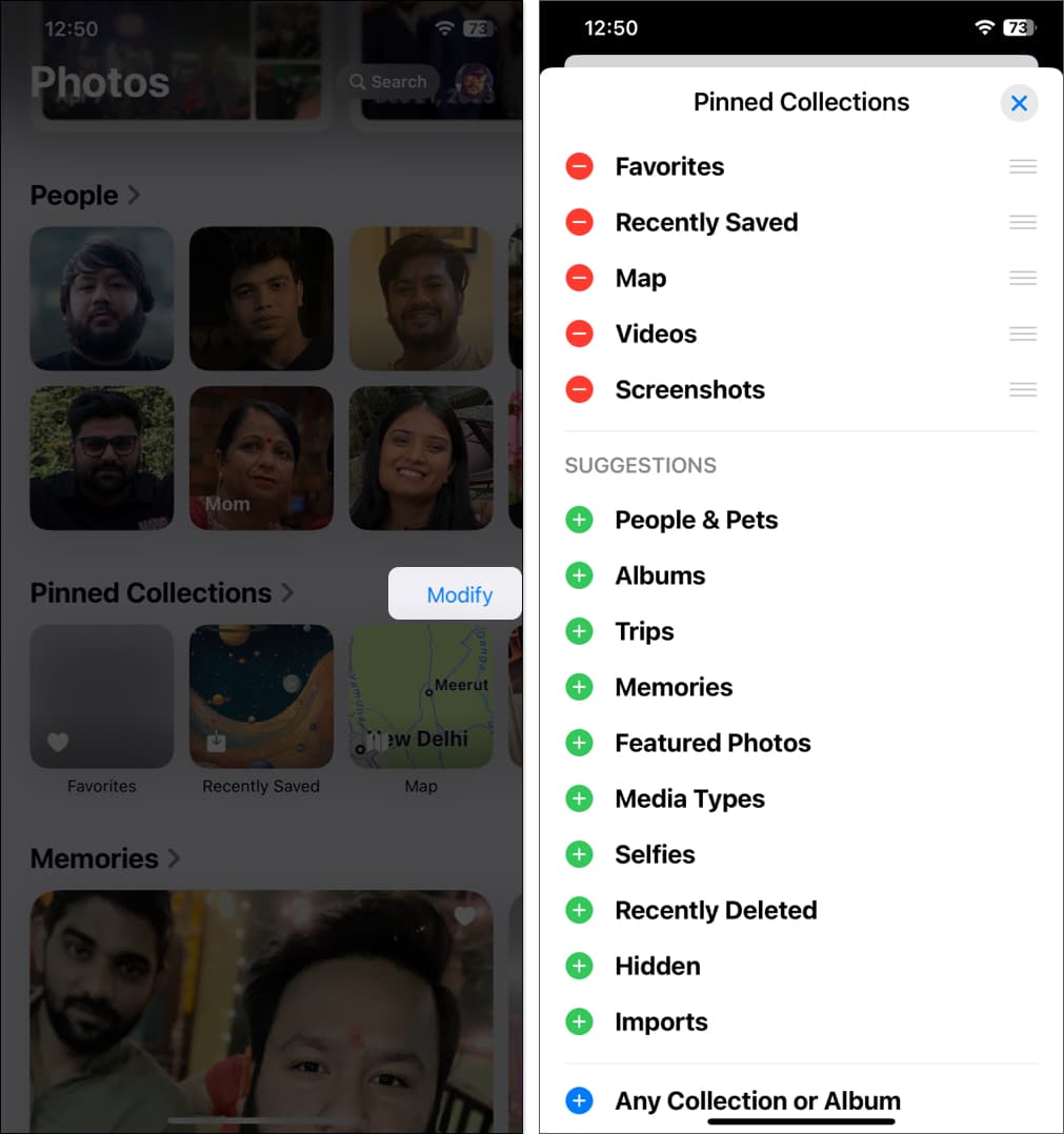 Modify Pinned Collections in Photos app on iPhone