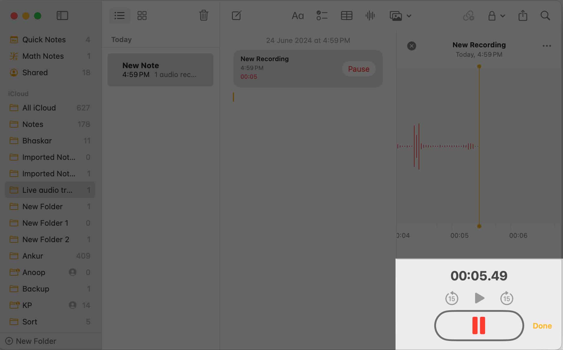 Pause or tap done to save live audio recording in Notes app on Mac