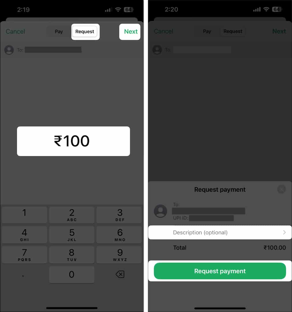 Requesting payment in WhatsApp Payments on iPhone.