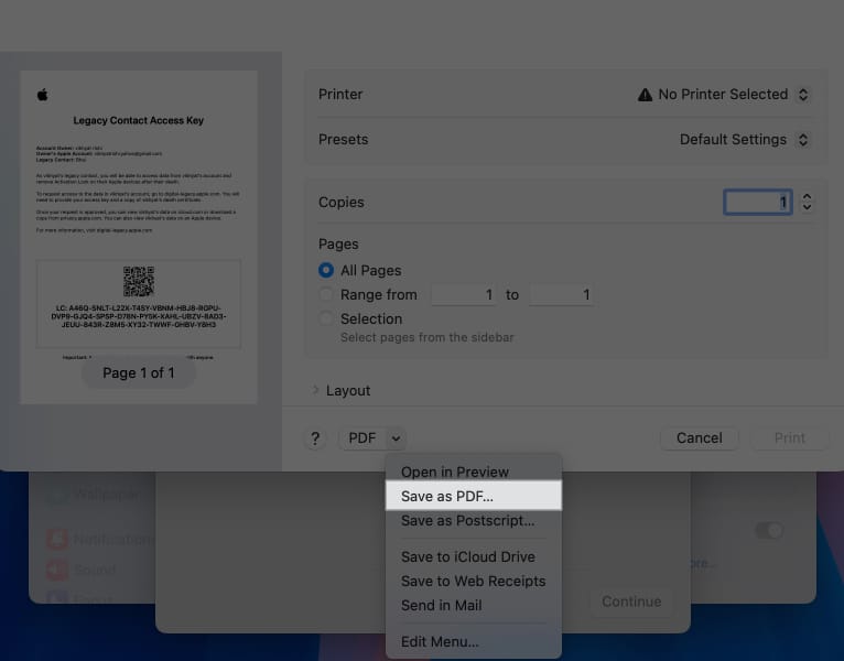 Save as PDF option to save Legacy Contact access key on a Mac.