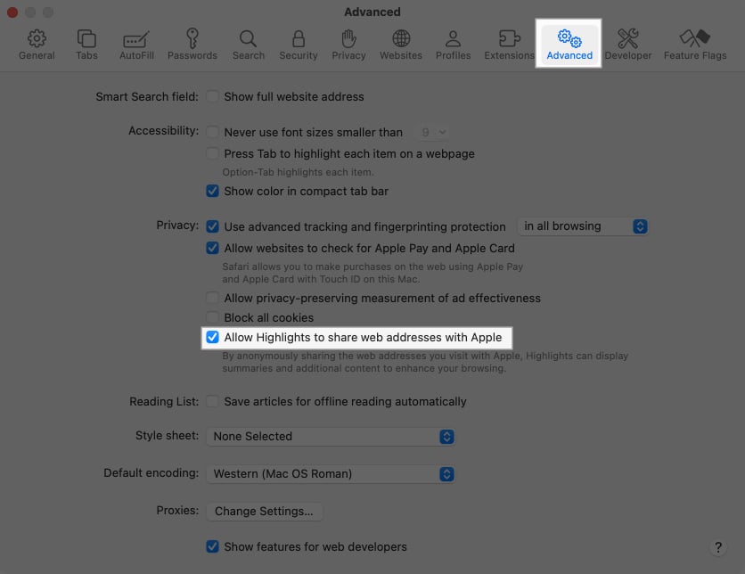 Select Advance in Safari Settings, tick Allow Highlights to share web addresses with Apple to enable Safari Highlights