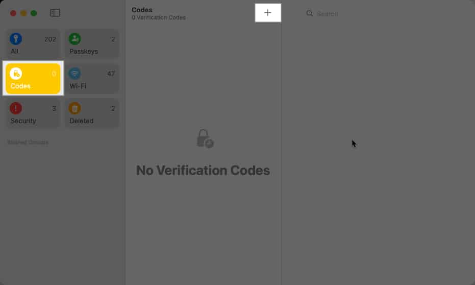 Select Codes, tap Plus icon to add 2FA passwords on Mac and iPad