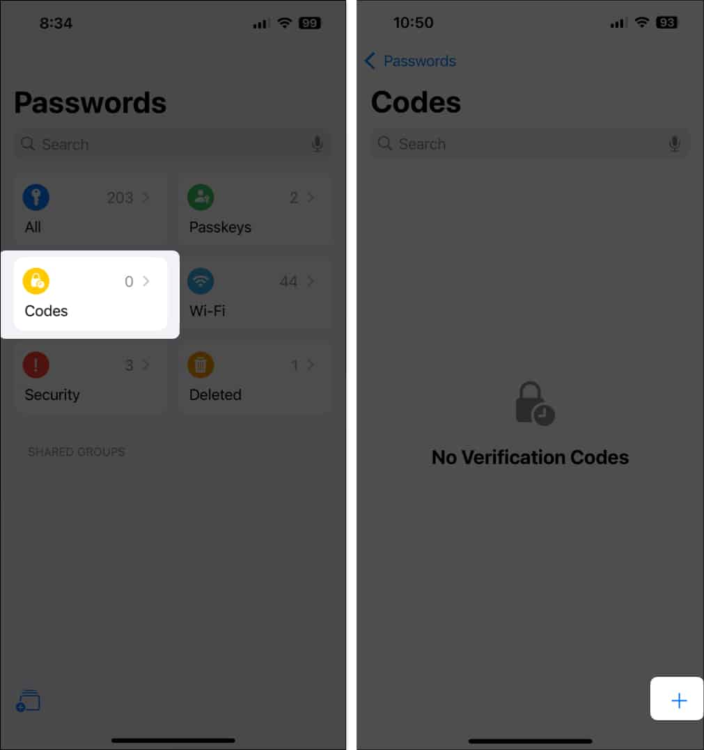 Select Codes, tap Plus icon to add 2FA passwords