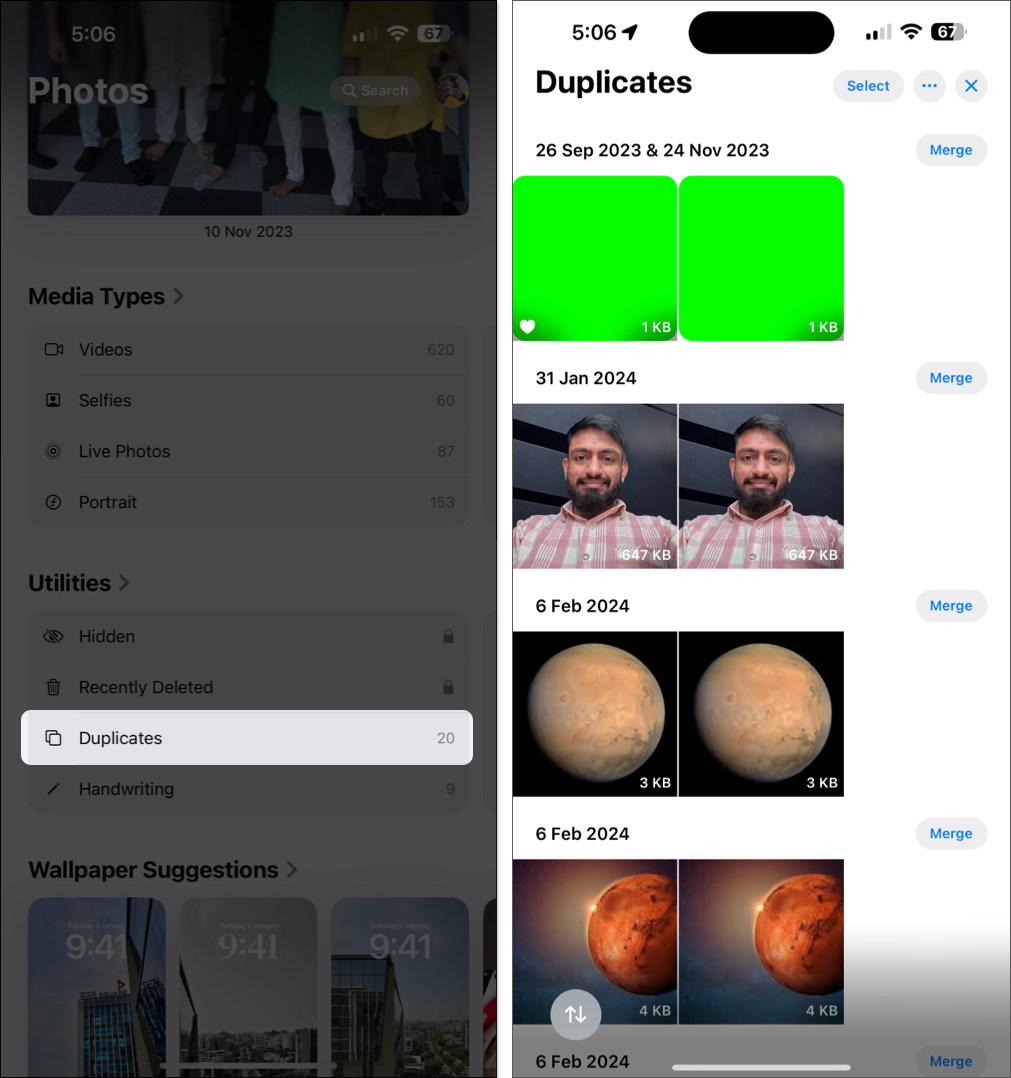 Select Duplicate photo from Photos app on iPhone