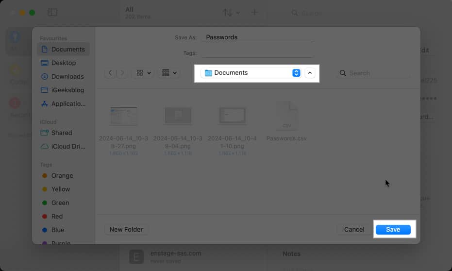 Select Location, Tap Save to export passwords from Mac