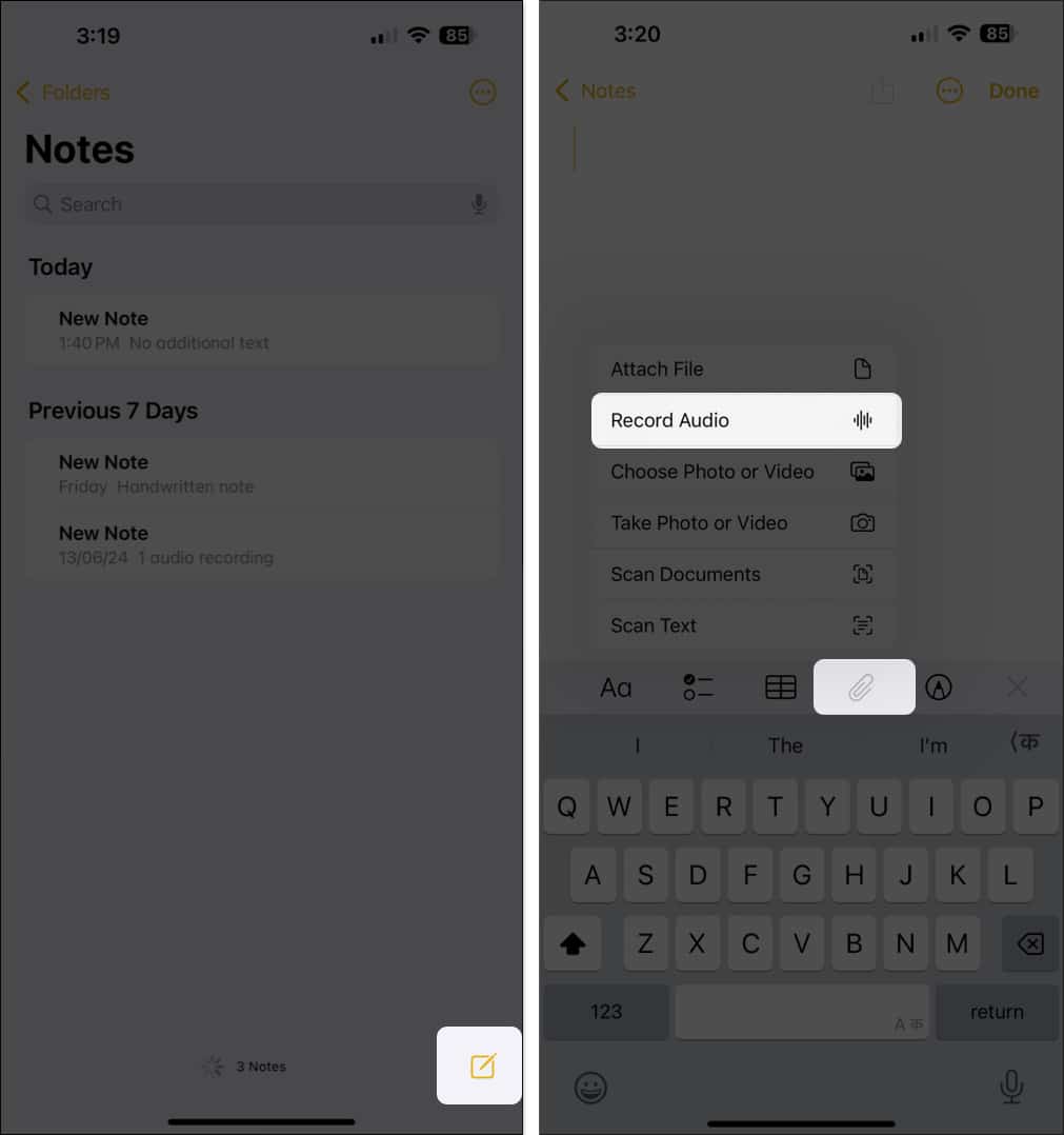 Select Record Audio in Notes app on iPhone to record live transcription