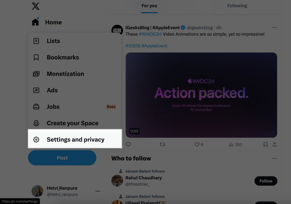 Select Settings and Privacy on twitter