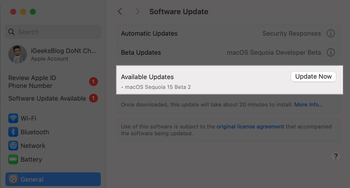 Select Update Now to update macOS Sequoia developer beta 2