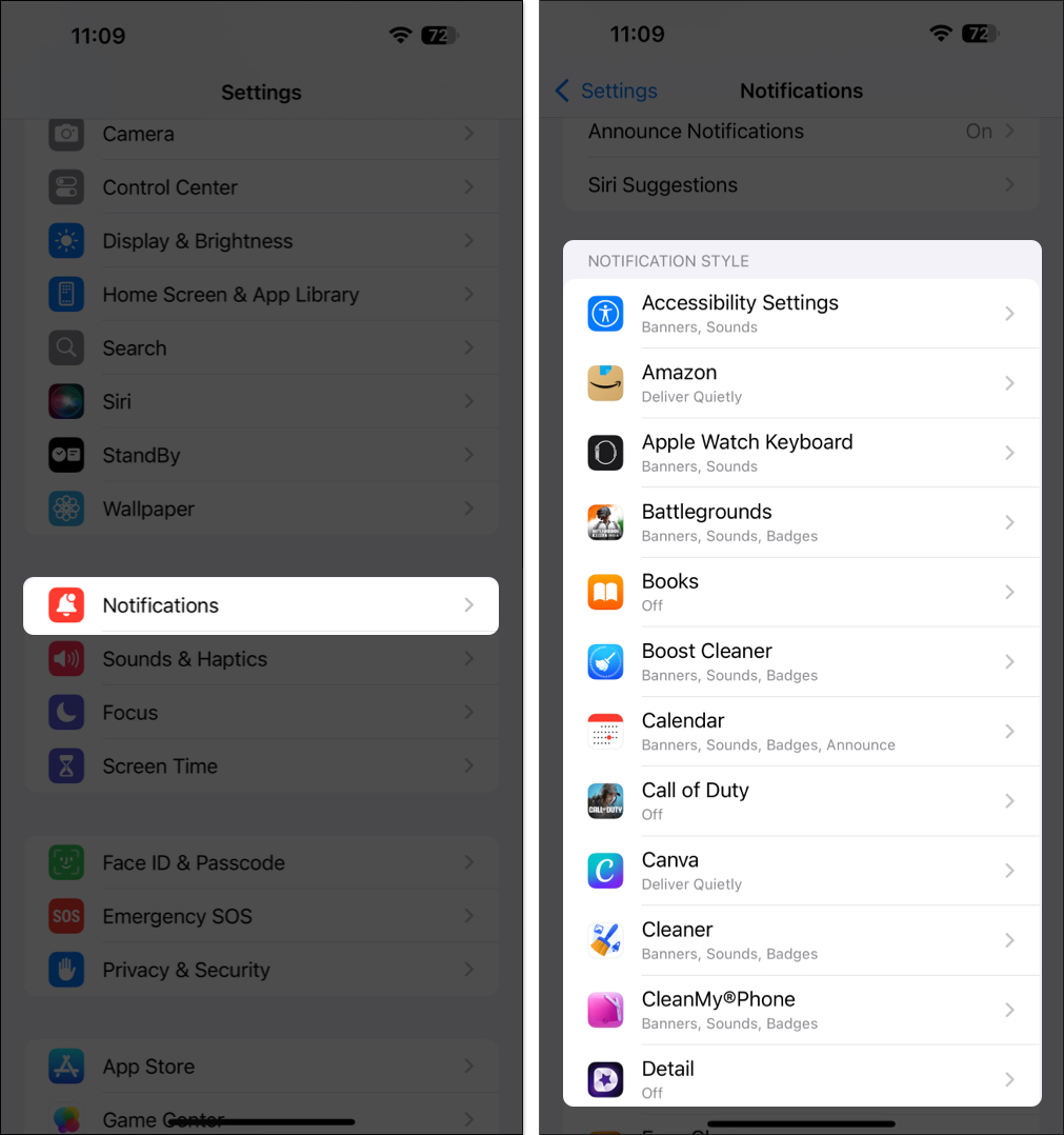 Select app from list to turn on notification on iPhone