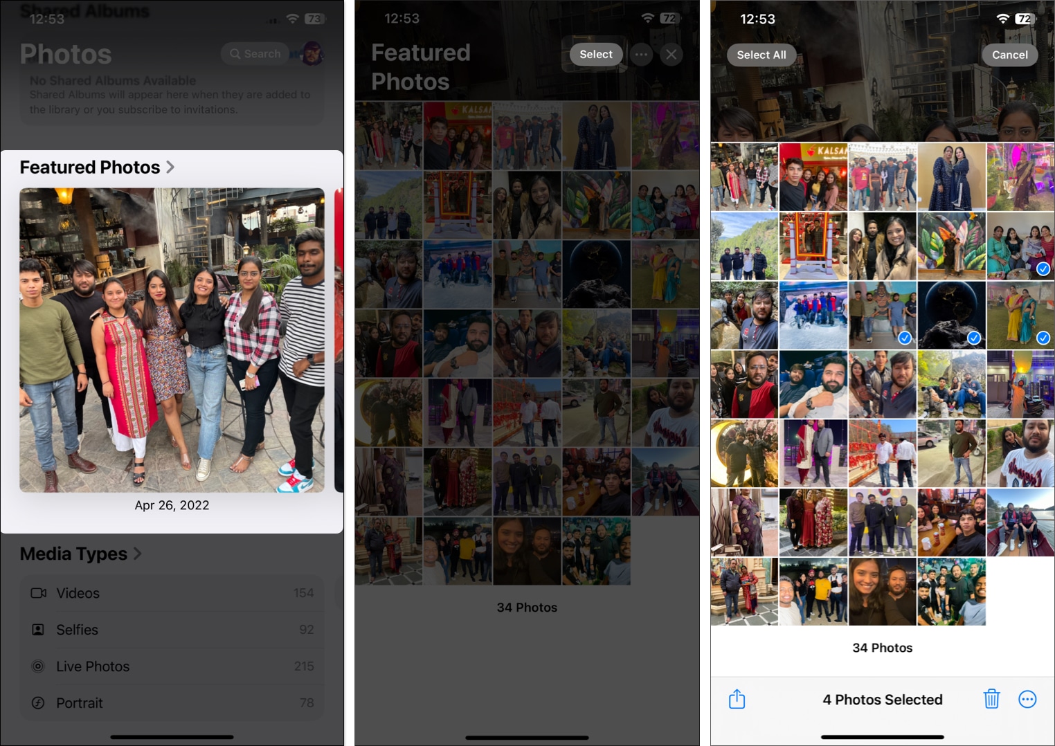 Select photos from Featured Photos on iPhone
