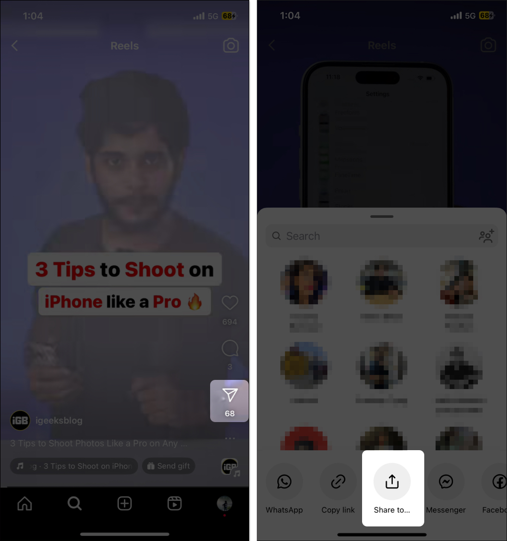 Select share button on Instagram reel