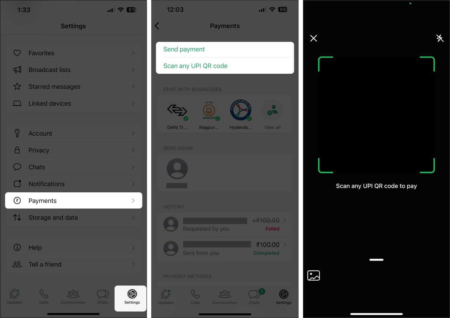 Sending money through WhatsApp Payments by scanning a QR code.