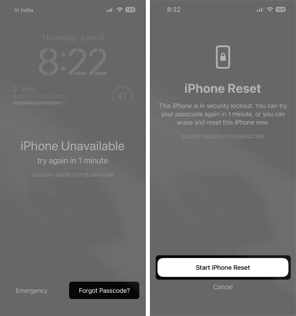 Start iPhone Reset by selecting Forgot Passcode on lock screen