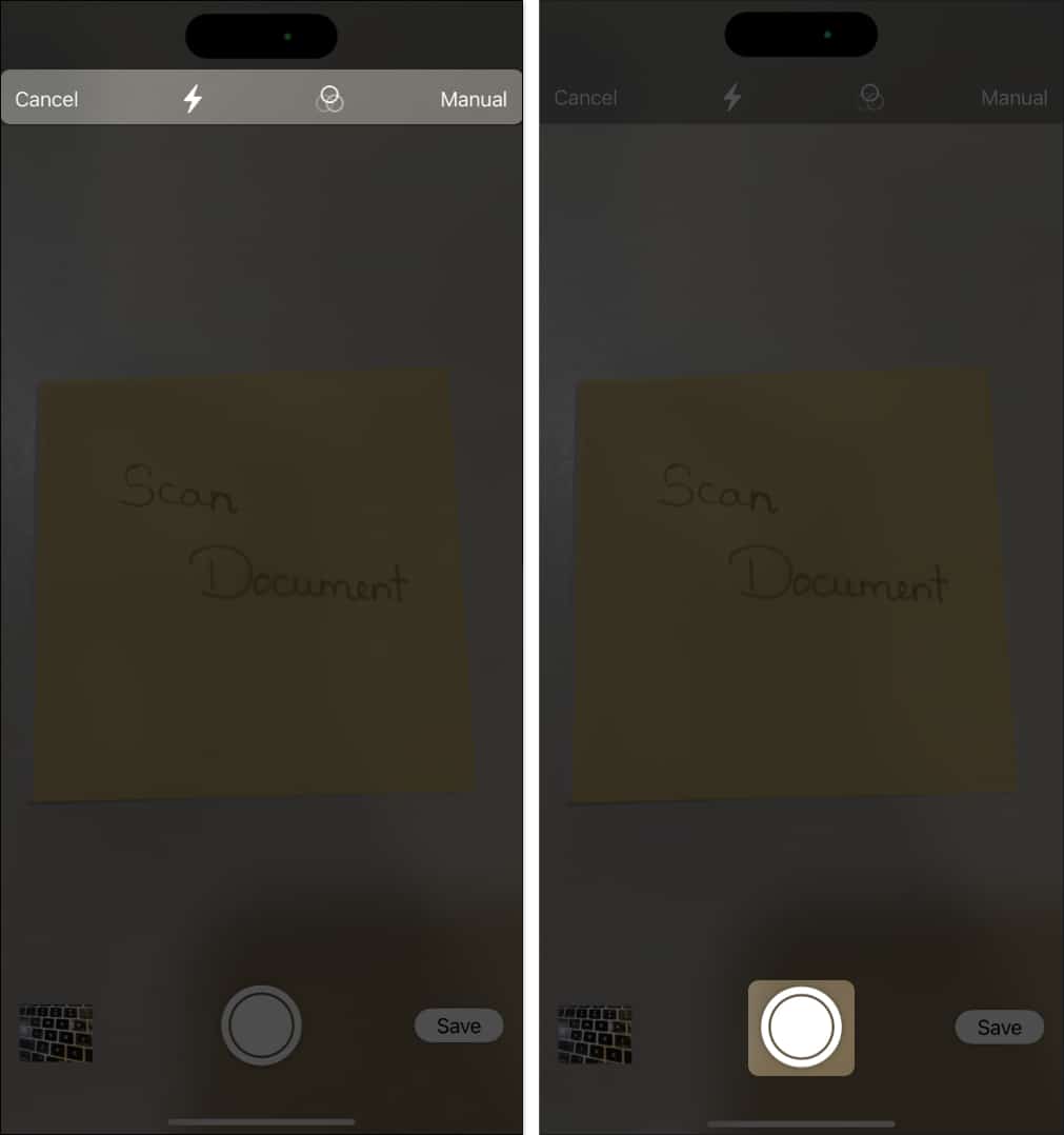 Tap Shutter button to scan document in Notes app on iPhone