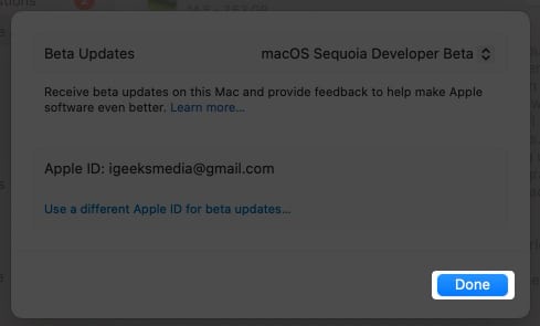 Tap done to check updates for macOS Sequoia Developer Beta
